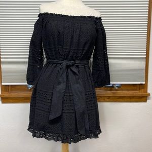 S // Zara Basic Black Eyelet Off The Shoulder Mini Dress